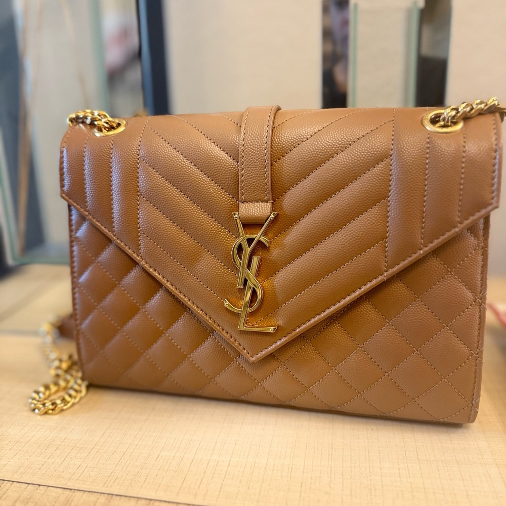 Yves Saint Laurent Brown and Gold Chevron Shoulder Bag